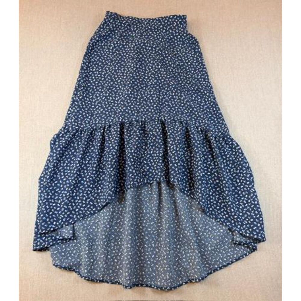 Originality Women’s XS High Low Ruffle Skirt Navy Blue Ditsy Floral Boho Midi